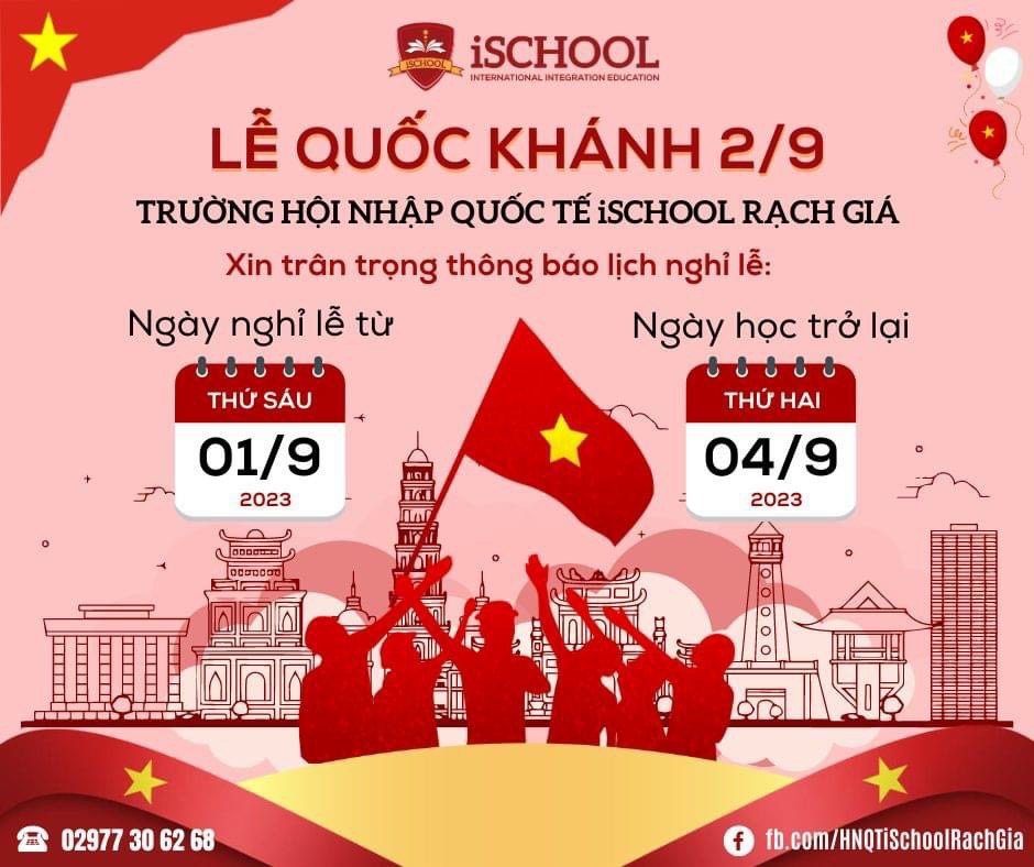 [iSchool Rạch Giá thông báo] NGHỈ LỄ QUỐC KHÁNH 02/9
